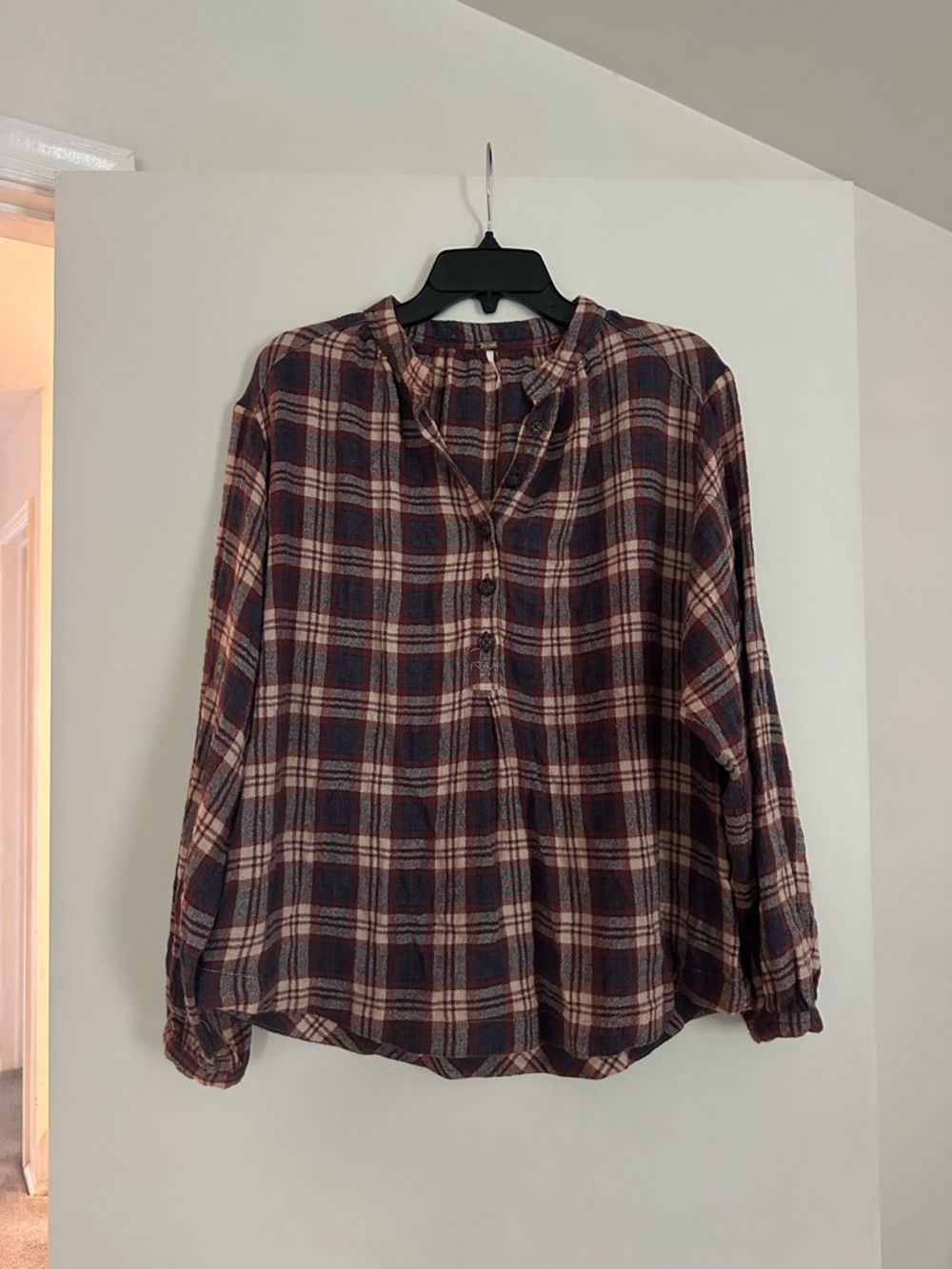 Free People Burgundy and Cream Plaid Button-Down Shirt